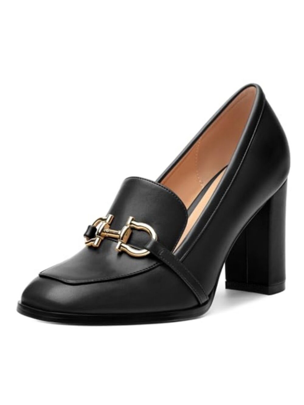 Women's Square Toe High Heel Loafers - Metal Buckle Chunky Heel Pumps for
